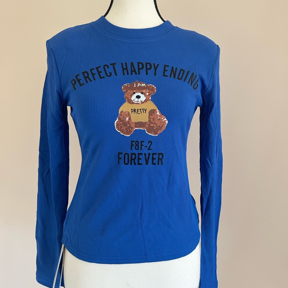 YK Cute Blue Teddy Bear Graphic Long Sleeve Tee